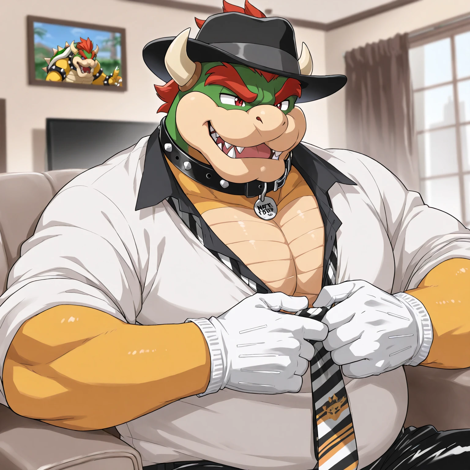 bowser, mammal, abs, alcohol, anthro, beer, beverage, biceps,smirk,obese male, chubby, overweight, blush, body hair, happy trail, (white open shirt, necktie, pants, pattern boxers, tenting, undressing:1.3),clock,clothing, drunk, muscular, muscular anthro, muscular male, pecs, solo,watch,extreme detailed face, detailed eyes,(photorealistic, hyper realistic, ultra detailed, ultra detailed background, octane render, soft lighting, ultra detailed),(by rossciaco, by adios,)