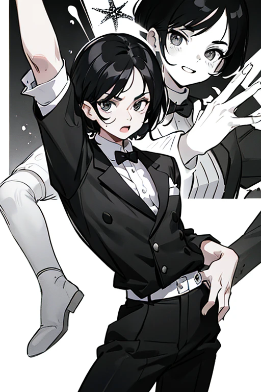 Highres, Masterpiece, Best quality at best,Best Quality,hight quality, hight detailed, Anime style, 1boy, Shota, young boy, Young andrew graves, andy, hair between eyes, closed mouth,black hair, green eyes, Slim body, messy hair, bright pupils, look at viewer,animal ears, playboy bunny, rabbit ears, fake rabbit ears, strapless, strapless leotard, detached collar, bare shoulders, bowtie, bow, wrist cuffs, choker, Flat chest, upper body, bright pupils, outline, white pupils, white outline, (Showing armpit:1.3), (very young boy), (very small and short body), White beckground, hansome boy, Uhd, bokeh, sweat
