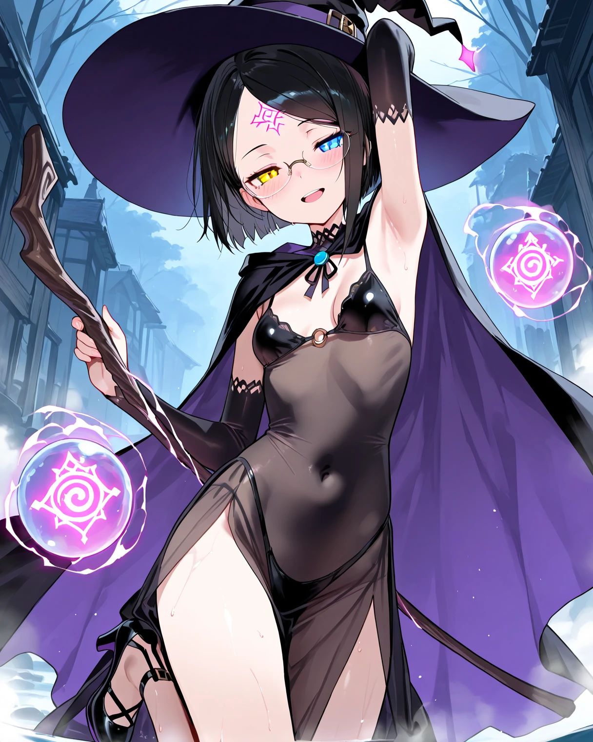 picture, 1 girl, solo, short sleeve, green eyes, looking at viewer, (crying), simple background, heart 1girl,steam, thong, (megumin), witch hat, red dress, magic wand,pregnant woman, tense underwear, white underwear, excited face, wet skin, face asking for help, full body portrait --auto --s2