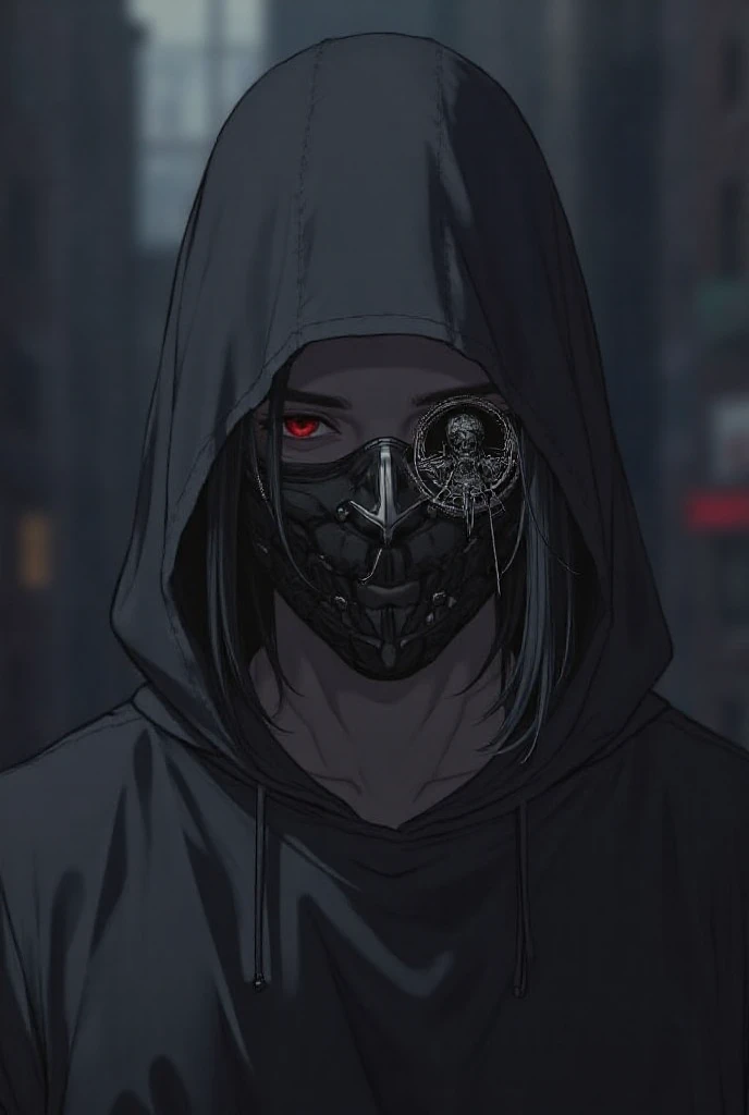 a male with a hooded sweatshirt on wearing a scary mask crying black tears, serial killer aesthetic