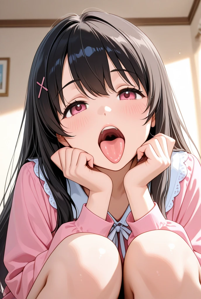 Anime girl Latifa opens her mouth with both hands and extends her tongue outside while she is on her knees