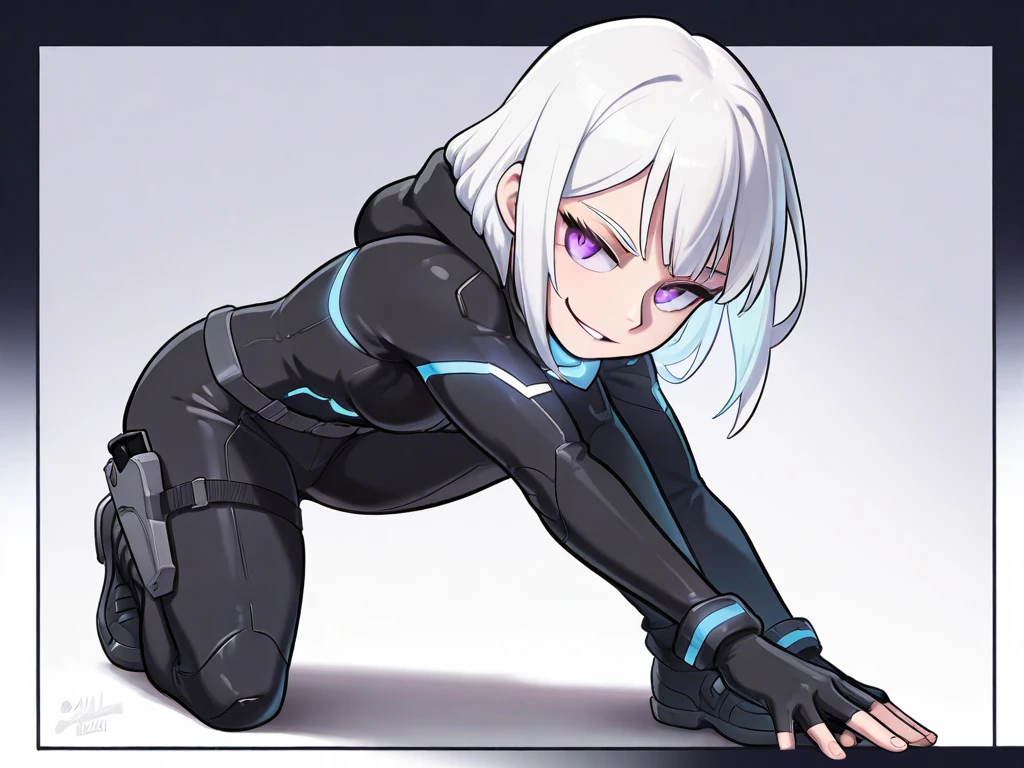 Anime Girls、Six Pack Abs、White Hair、Bobcut、detailed、Highest quality、masterpiece、Shorts、belly button、alone、Skinny body、Black bodysuit、Narrow waist、blush、Being restrained、handcuffs、bondage