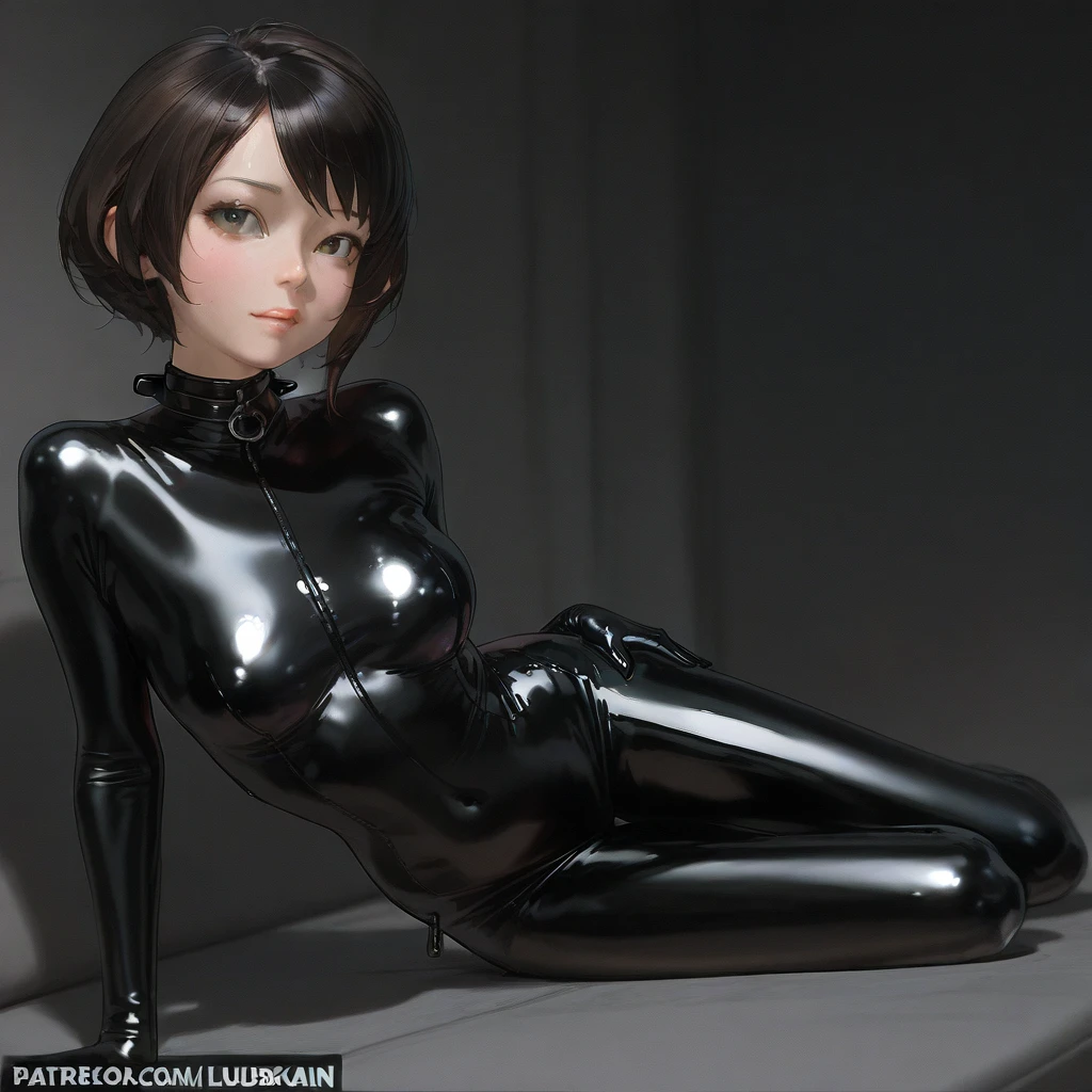 (masterpiece, best quality), 1girl, Alabaster Tucked-In Low Ponytail with Ribbon Tie, Size B breasts, <lora:b34n-nai-2:1> b34n bodysuit, black bodysuit, purple bodysuit, pubic tattoo
