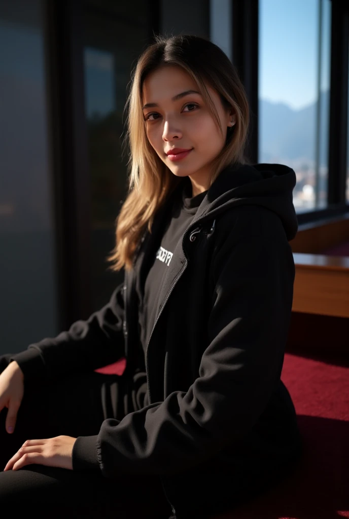 One woman of about 20 years old, black long hair, body measurement 36-25-36, height 5'7", Hazel eyes, wearing oversized hoodie , lying on a couch with a book in her hand, reading book, instagram model, restaurant scene, sleepy mood, relaxing, calm lighting, Full Body full height Shooting, Masterpiece, RAW Photography, 8k, Top Quality, Fine Pore, Photorealistic, Ultra Detailed, (high skin detail:1.2),Extremely detailed,Intricate, sharp-focus