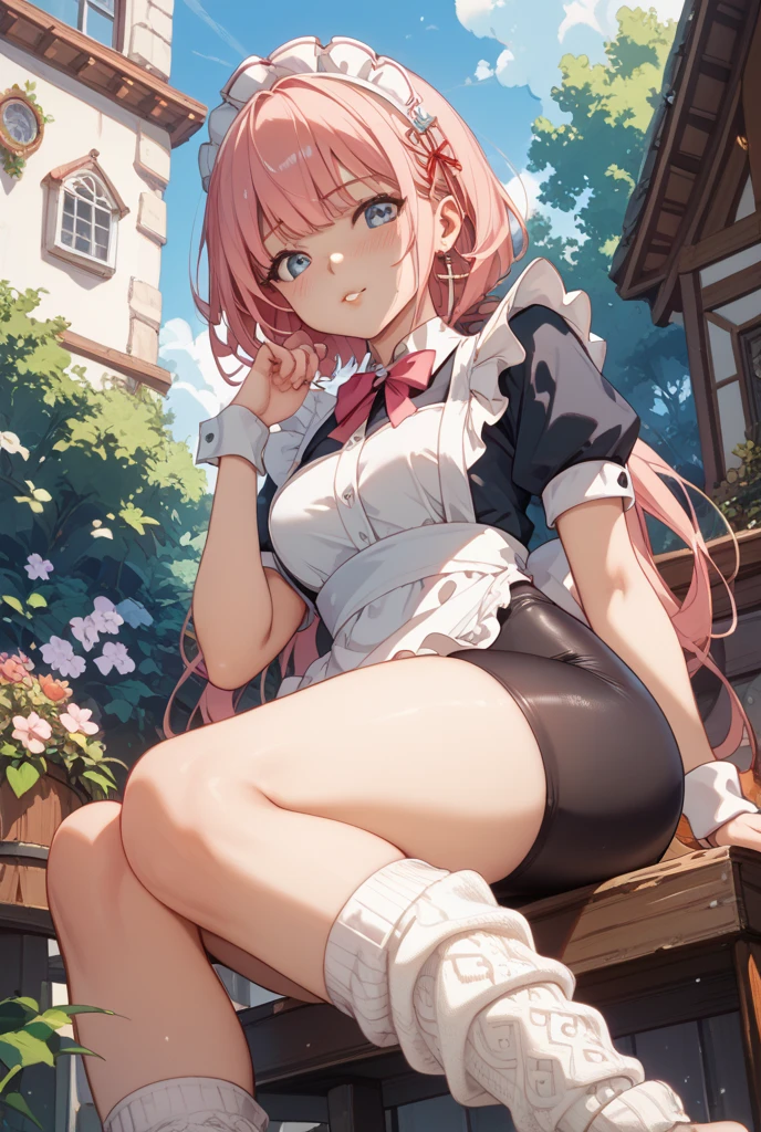One girl, Cosmetan, methane, Twin Drill, Pink Hair, blue eyes, dress, Outdoor, Fallen leaves, (((skirt lift))), (((squat, spread leg))), (((white panties, White garter belt, white garter hose))), (((cum on panties))),