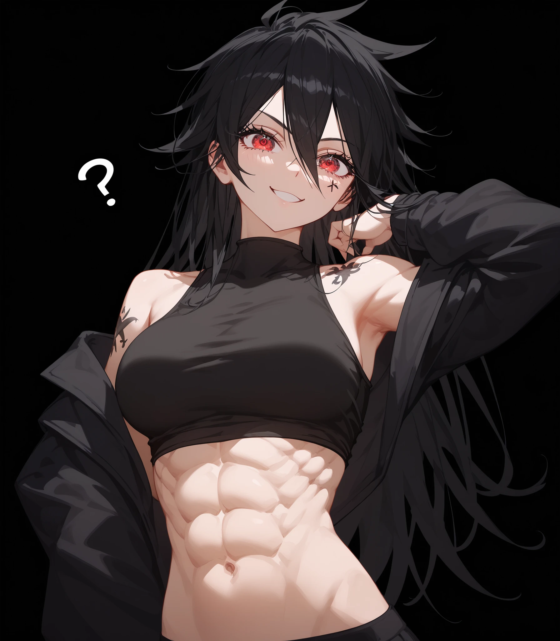 1 person,girl,ผมสีดำ, Black hair,in red eyes,big-breasted dress,, Tomboy,slim,good figure,long hair,black background,,Anime,รอยสักXที่คอ,Pointed eyes ,,upper body shape, tank top,Confused,good figure,cute, Six-pack,Abs,black tattoo,X,Long Sleeve Shirt,smile,