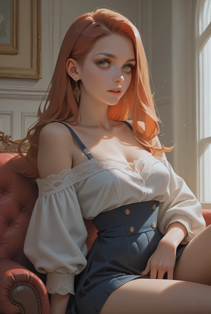 fantastic realism, bokeh, 1girl (27 years old), sitting in a Victorian library, yellow eyes, revealing light blue ordinate dress, straight red hair, nsfw, beautifully detailed woman, beautifully detailed mouth, extremely detailed eyes and face, beautiful detailed eyes, to sunlit luminous