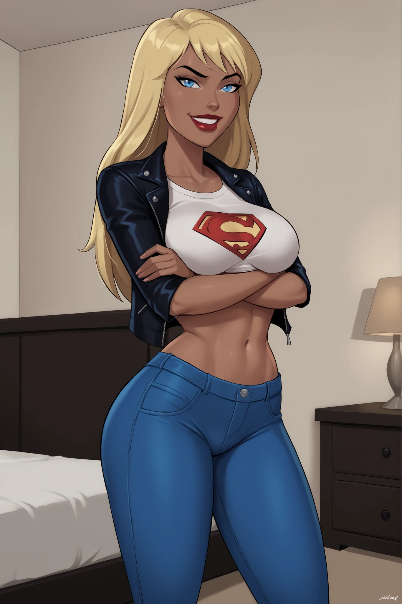 PonyXLV6_Scores BREAK ((parody), perfect anatomy, perfect eyes, cowboy shot) BREAK kara zor-el, long hair, blonde hair, blue eyes, dark-skinned female, lipstick, red lips, ((looking at viewer)), superhero, white crop top, blue leather jacket, blue jeans, large breasts, curvy, athletic, standing, indoors, smiling, bedroom, happy expression, arms crossed, crossed arms 