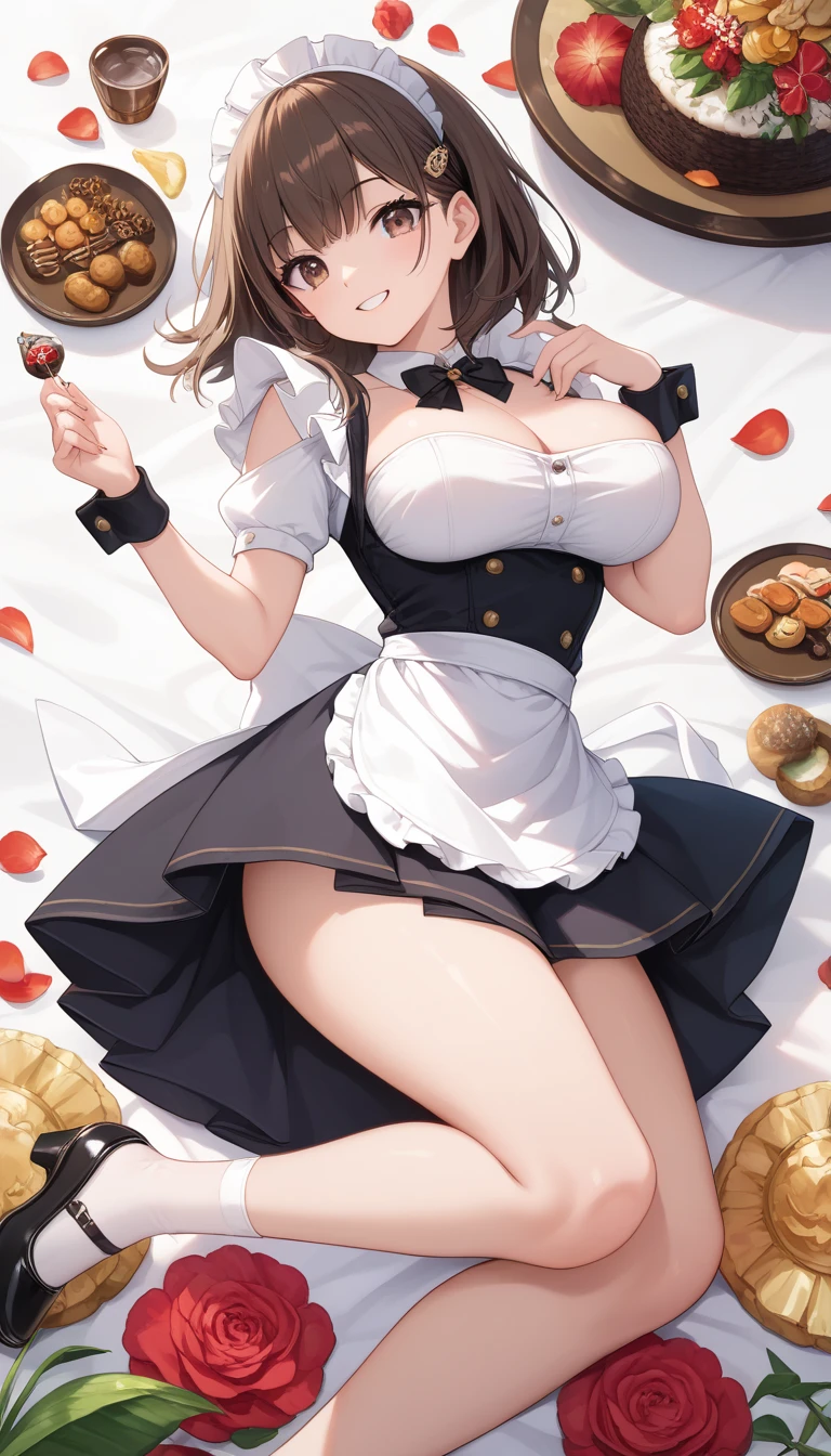 masterpiece、Highest image quality、ultra high resolution、 schoolgirl with big tits、twin tail hairstyle、black hair、red face、mock、Open your mouth just a little、A white maid outfit that shows the cleavage of a teen、Maid headband for teenage olgirls、Knee high socks for teenage schorls、Inside the kitchen