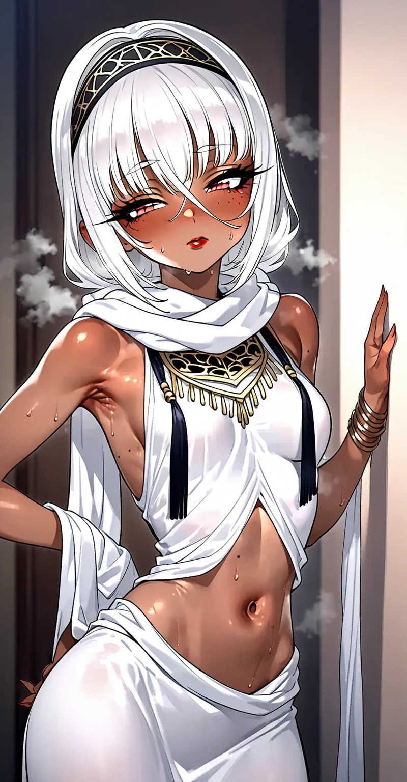 masterpiece, best quality, Perfect face, Maximum resolution, best quality,Detailed depiction of the eyes, 1 girl, young, deep tan skin, Gray hair, short hair, Upturned eyes, Yellow-orange eyes, Perfect anatomical structure, arab, Ribbon necklace, arab城市