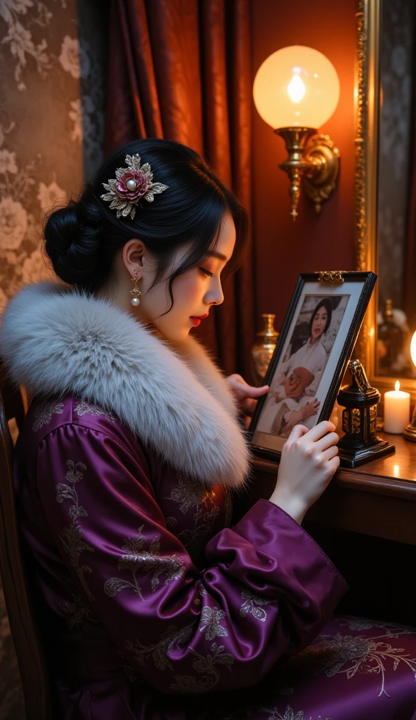 ((best quality)), ((masterpiece)), (detailed), A digital illustration of a young woman surrounded by fabric and sewing materials, with magical sparkles emanating from her hands as she creates a dress. She has long black hair and is wearing a flowing red dress.