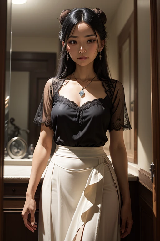 (masterpiece, best quality:1.5), highest quality, High resolution, super detailed, Realists, Full body photo of a black-haired 22-year-old woman, detailed and beautiful eyes, beautiful detailed lips, very detailed eyes and face, longeyelashes, 22 year old woman in a chiffon top, Beautiful and colorful makeup, elegant and noble々Pose,shiny satin headband,, Office as background, bright daylight, bright colors, fine brushstrokes, Portrait style, beautiful color palette, glowing skin, First-class rendering, that captures every detail, enchanting atmosphere, (perfect anatomy:1.2), (The stunning woman wears a silver chiffon tank top and a black long pleated satin skirt (magnificent panorama view:1.2)