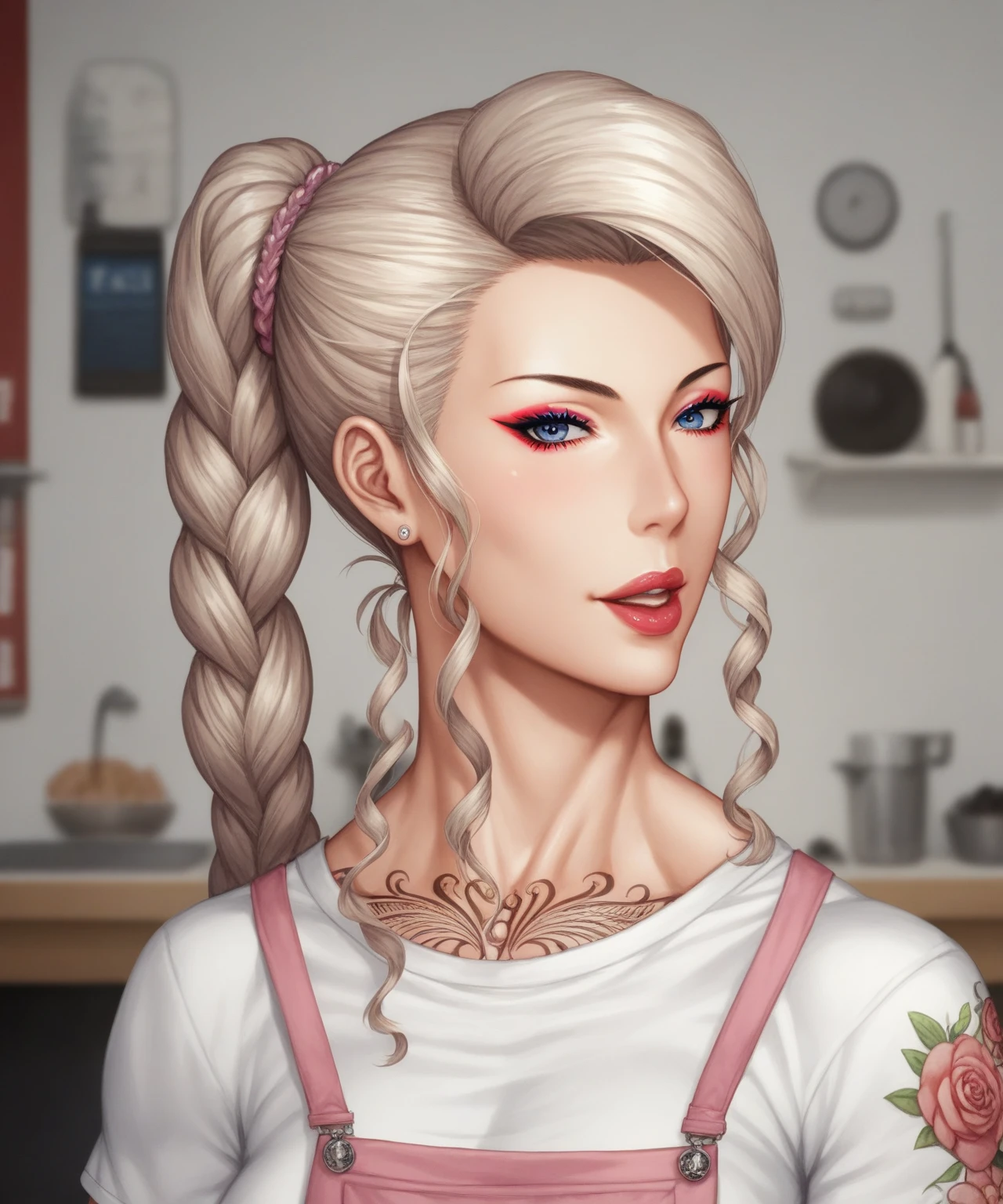 (masterpiece, best quality), 1girl, Platinum Gray Messy Side Bun with Floral Hairpin, small breasts,<lora:TekuhoUlt_v3:1> tekuult