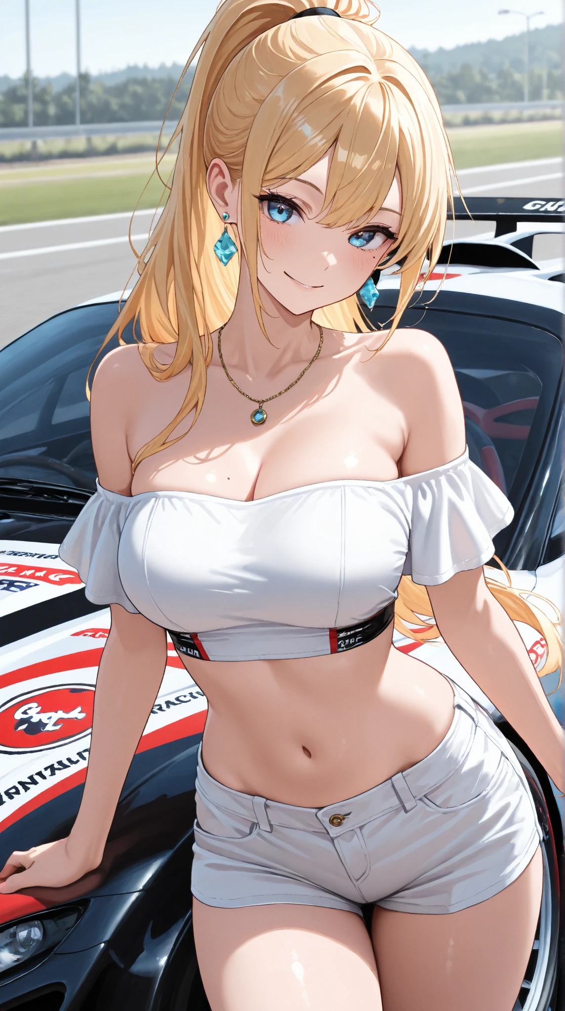 beautiful detailed girl, sexy sling bikini, Chef in classic attire, ponytail, blonde hair, Pose with hands together, Youthful expression, large breast, massive cleavage exposed, huge buttock, sitting on top of sport car