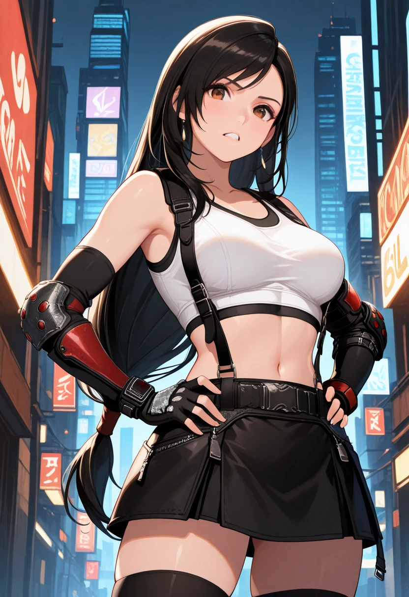 最high quality、best image quality、masterpiece、teenage girl((18-year-old、 By becoming、vest bust、medium bust,wide open breast tea、black eye, black hair、long hair、thin,highest valley、Torn black t-shirt(2:3)、cute smile,damaged pants(2:3)、Perforated gloves、Knee support)),high quality、beautiful art、background((cyber gym)),debris flies、Depth of written boundary、movie、visual art、perfect art、8K,genuine