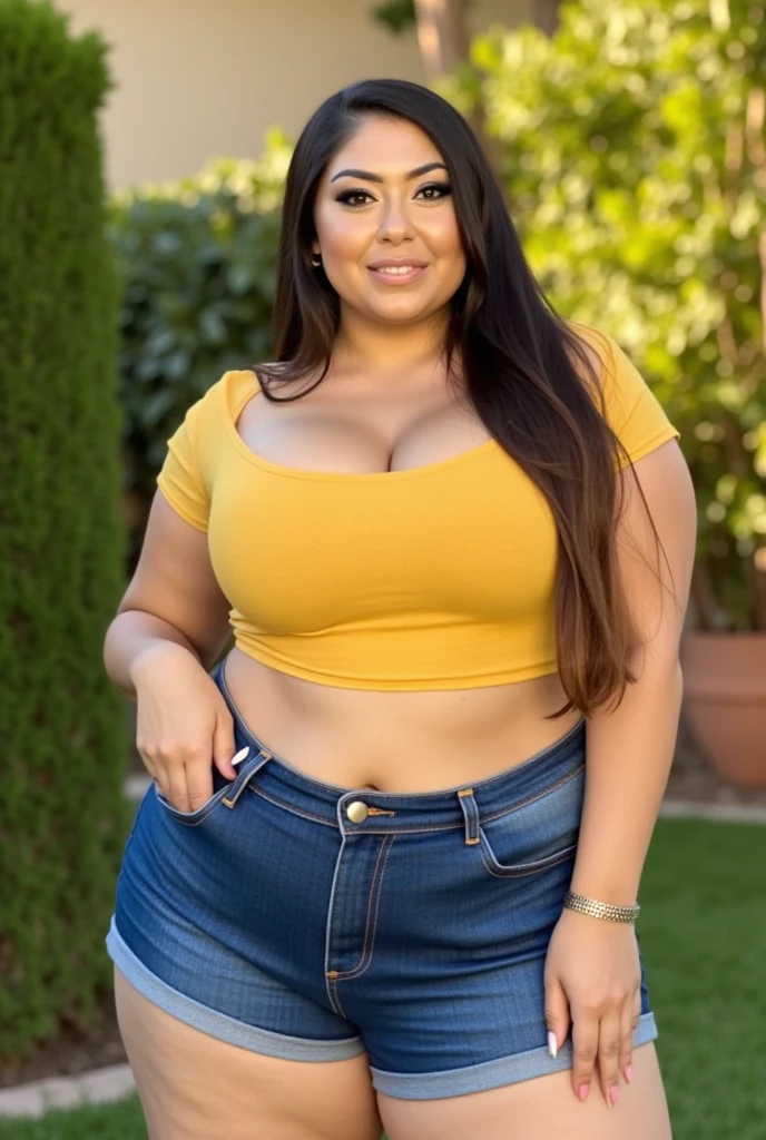 Milf bbw,fumando cigarro ,sitting on a bench in the square, orange sleeve shirt with white pants,Mobile phone in one hand,pele morena,cabelo cacheado castanho