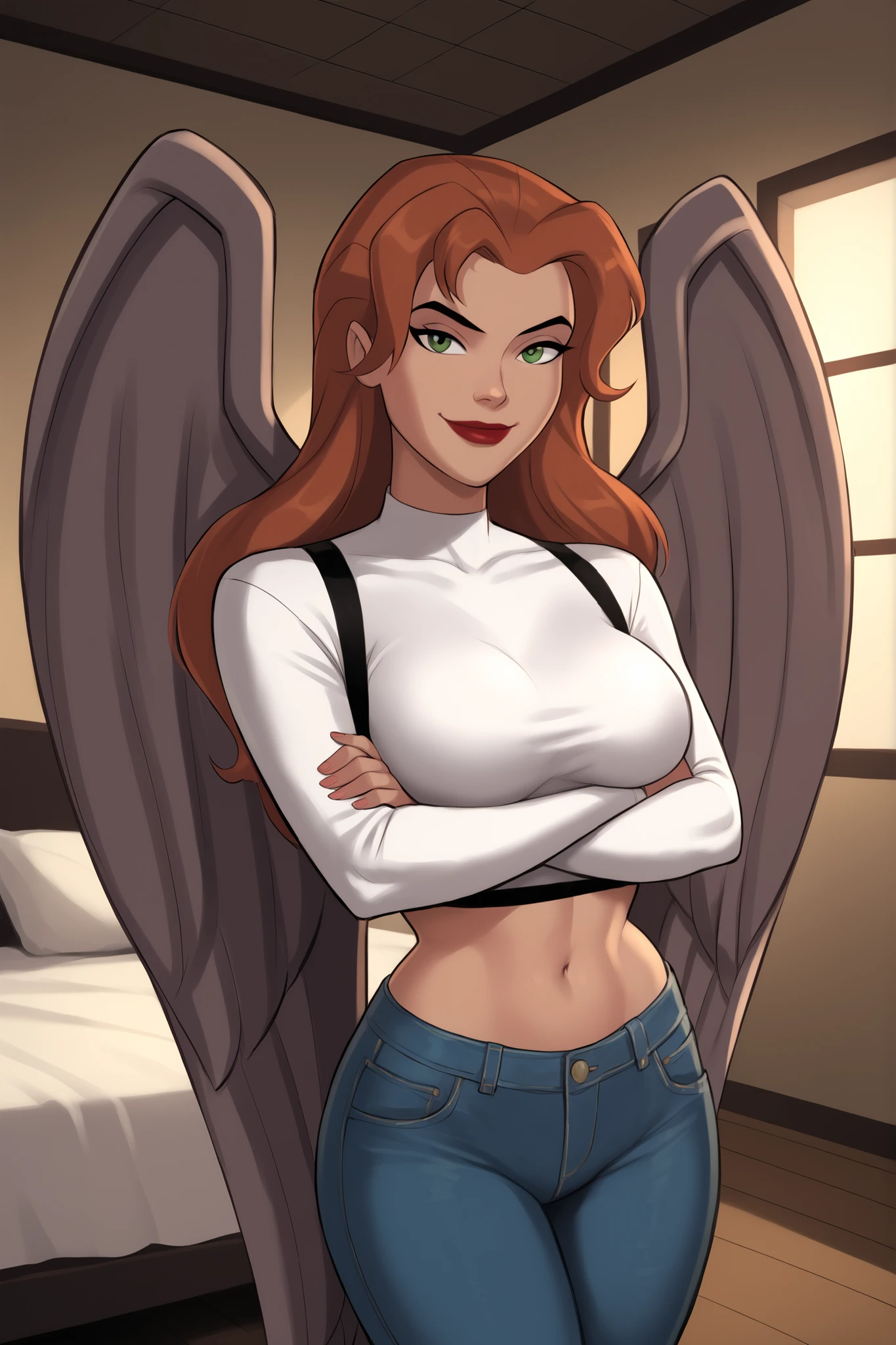safe_pos, PonyXLV6_Scores BREAK ((retro artstyle, parody)), perfect anatomy, cowboy shot) shayera hol, wings, long hair, green eyes, ((looking at viewer)), superhero, white leather jacket, long sleeves, black crop top, white jeans, bedroom, curvy, athletic, large breasts, indoors, smile, closed mouth, standing, happy expression, bright red lipstick, arms crossed, crossed arms 