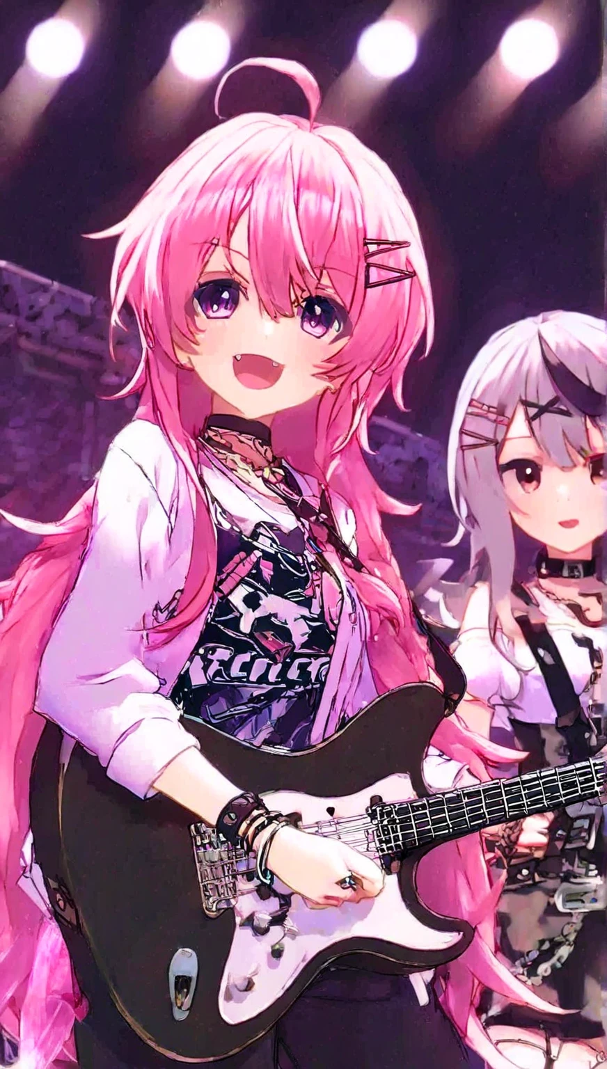 sozinho、girl in the background Bochi a Rocha 、 Anime play、 Electric guitar being played 、 internship、 Rock band、obra-prima、high quality、 long pink hair 、Punk Fashion、 estilo rock , ready to rock , glorious concert , The background is the middle of the night , Radio concert .