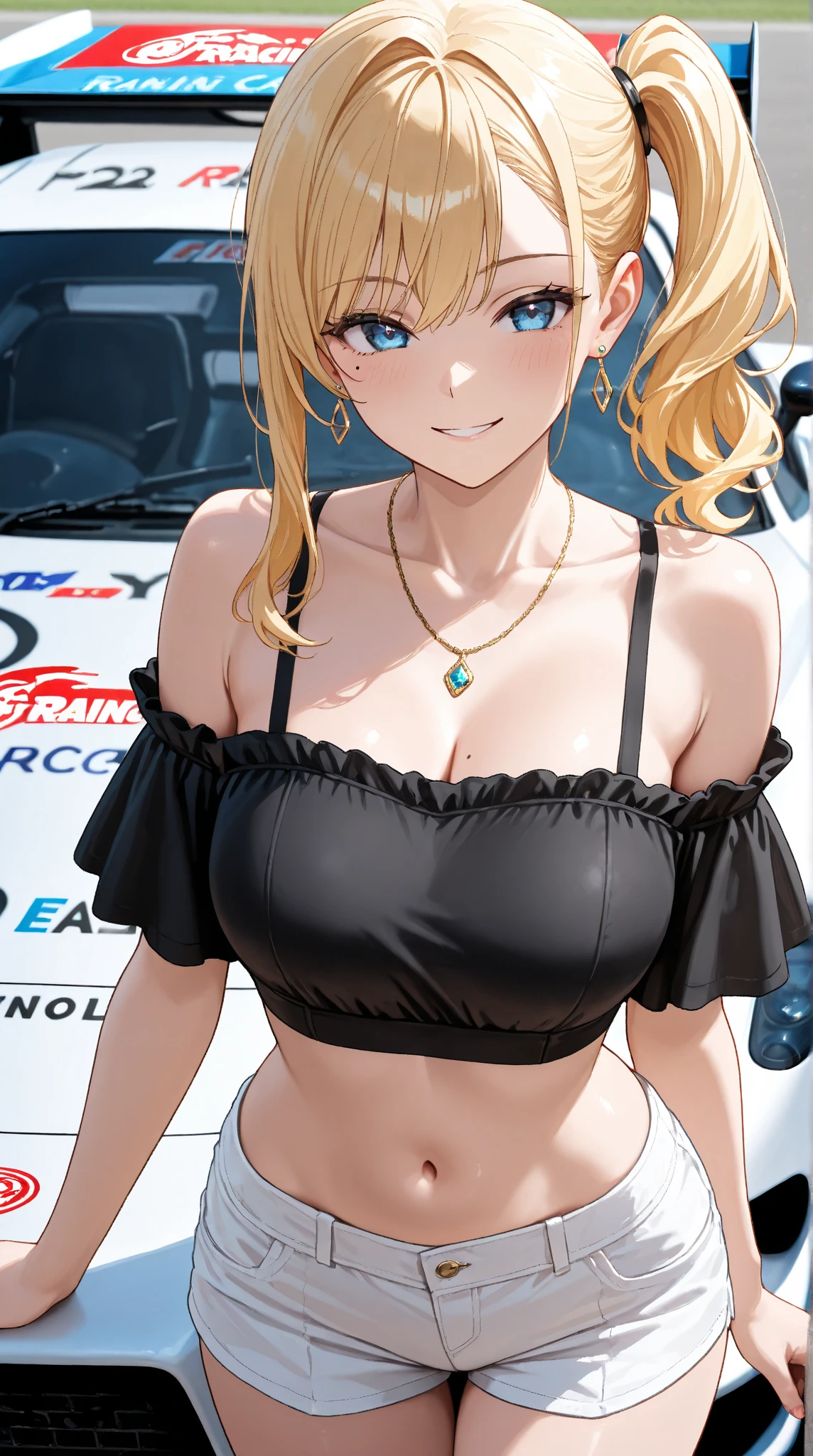 Masterpiece ,best quality , high resolution , (face view , look at view ) , (1 girl solo:1.38) , (camie, long hair, brown hair, brown eyes, peaked cap , lipstick , eyeliner)) , (slim , tall , slender , thin) , (cleavage:1.05) , (big breast:1.06) , (wear bikini , belt , belly , navel ,  jacket , fishnet stockings) , (outdoor , night , firework , beach , ocean , sea , blue sky ) , (open mouth , smile , full face blush , shy ) , (standing , thighs ) , (cowboy_shot)