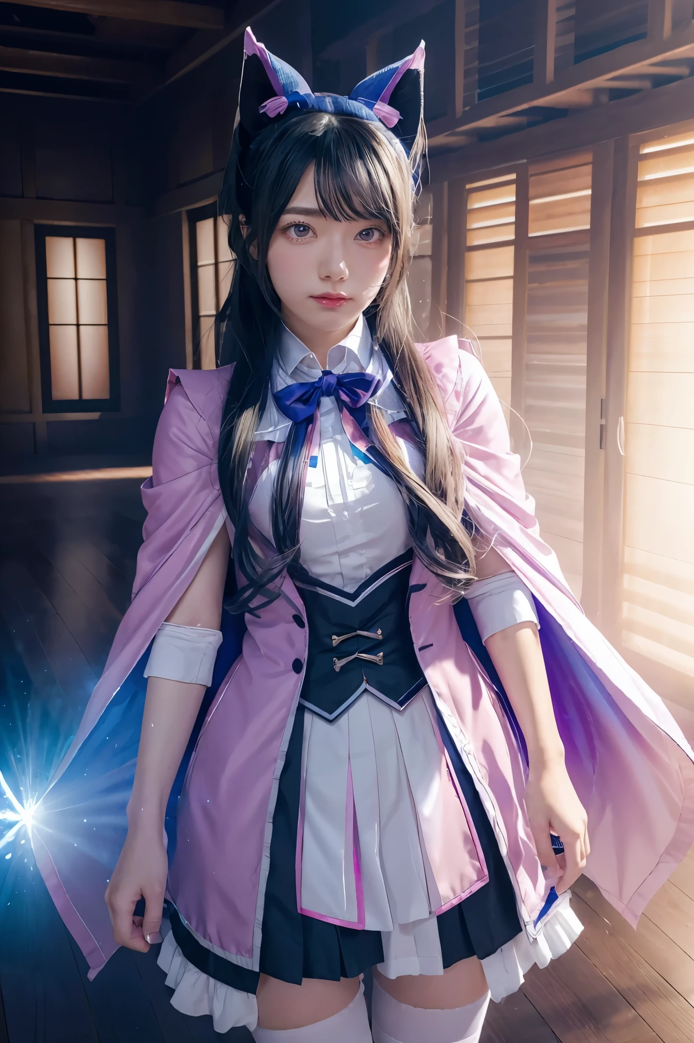 Mioda Ibuki /(Danganronpa/), bank ultra-detailed, masterpiece, illustration, 8k, masterpiece, realistic shadows, wind, gradient, volumetric lighting, cute, ambient lighting, colorful, glowing particles, beautiful detailed eyes 1girl, solo, (original outfit), dungeon background, blue and pink mage outfit, cloak, magic, fantasy
