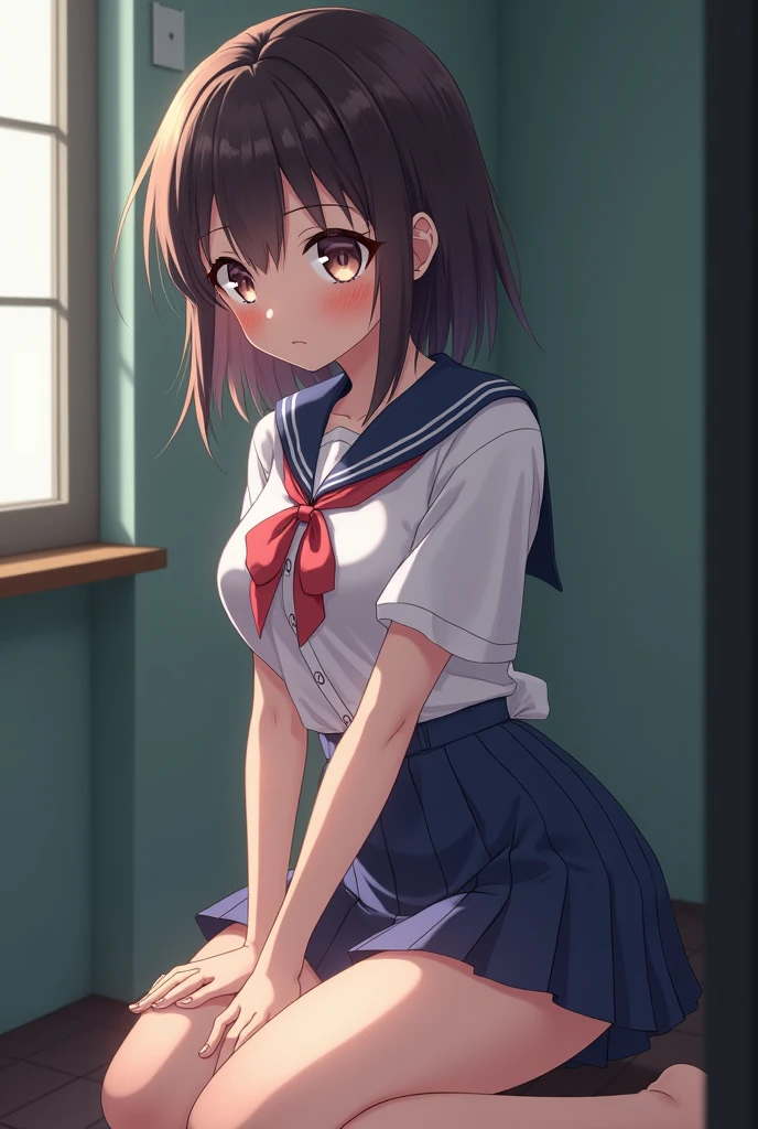 highest quality,best quality,1girl,10 years old,closed mouth,orgasm,blush, sweat,Nanoha Takamachi,takamati nanoha,twintail,hair ribbon,white shirt,pleated skirt,blue skirt,mini skirt,panty shot,upskirt,lift skirt,white panties,lace panties,classroom,looking back,Pose that emphasizes the buttocks