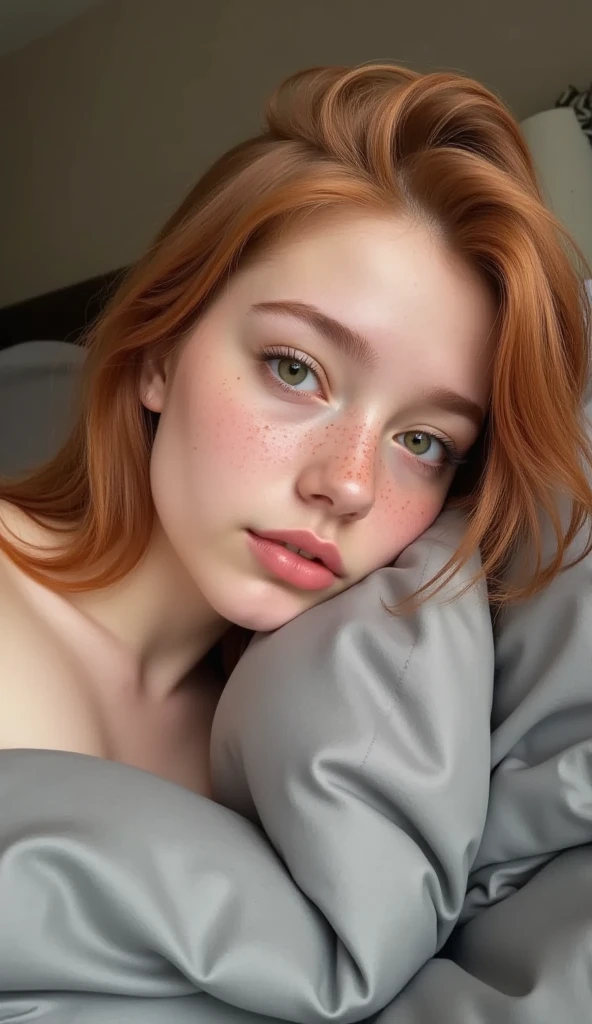 A scared red headed 25 yo woman in bed. Close up. Freckles 