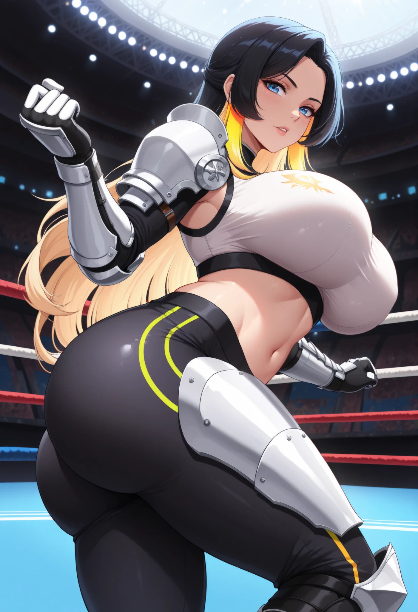 ((masterpiece, best quality:1.4,extremely detailed, detail face, detail eyes, anime)),illustration, 8k, hd, 1female, tall lady, solo, mature female, navel, black hair, blue eyes, (white armour, shoulder armour, hand armour, leg armour, black trousers, hip armour), long blond hair, professional lighting,boxing ring, colourful details, rainbow colors BREAK factory super long shot, in futuristic stadium, luminescence, intricate details, shitu-mecha, ((big ass, big breast, looking at viewer, front view))