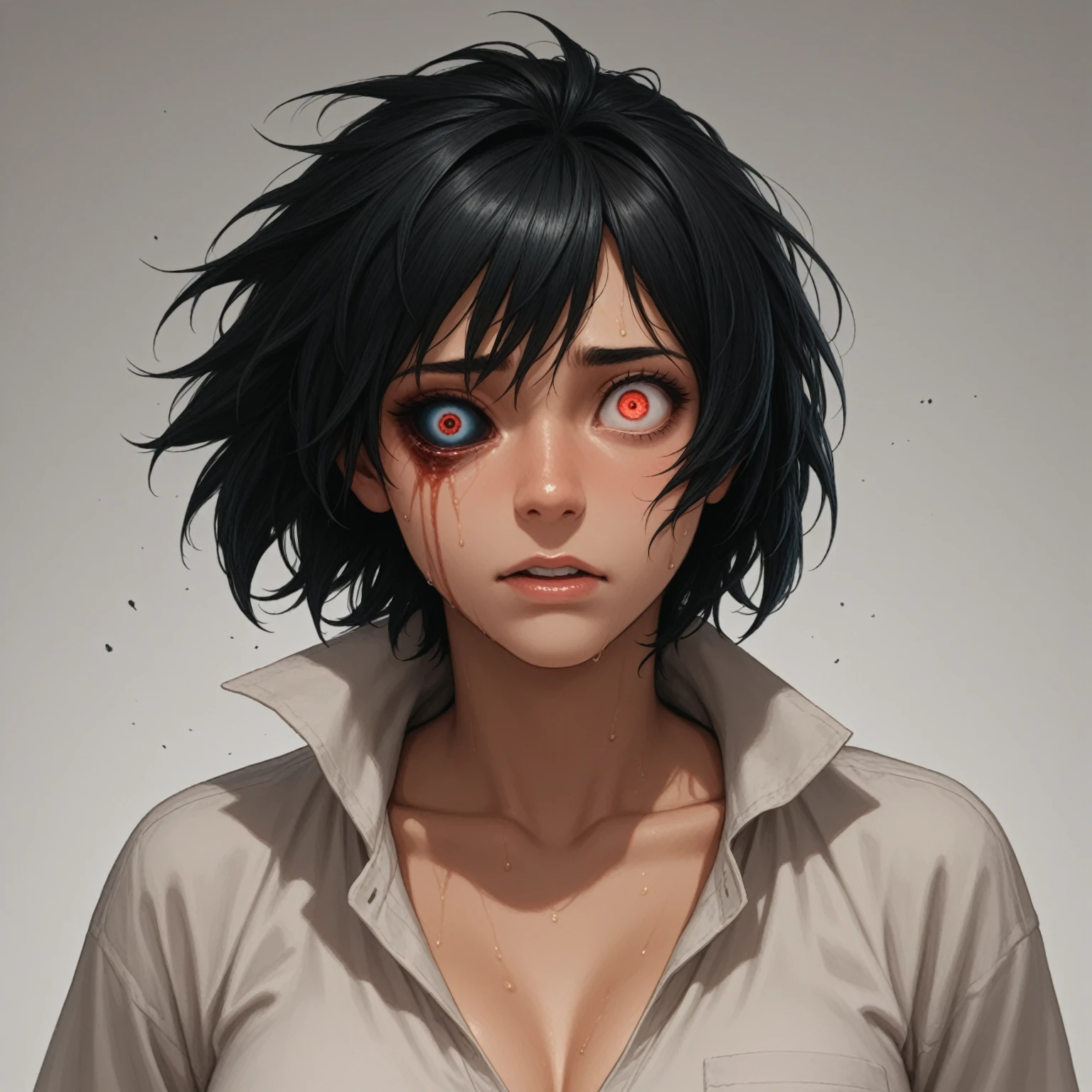 A woman with broken eyes and shattered irises staring in a hypnotic haze she isn't wearing any makeup