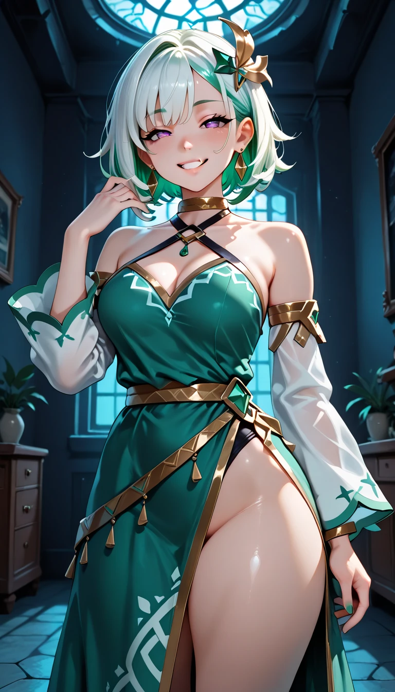 (((NSFW))), a stunning magica fantasy full body portrait of a steampunk busty woman in dark green underwear, age 15, feminine features plunging neckline, small ears, brown Hair, Smiling Happy, Dynamic Pose, Ticker, Fantasy, Extreme Detail, 4Kde, Ultra HD, Trending on ArtStation, Polished, Radiant, Vibrant, Background Lighting, 8Kdende UltraHD, Unreal Engine 5 Potion, intricately detailed, 3D vray finely detailed