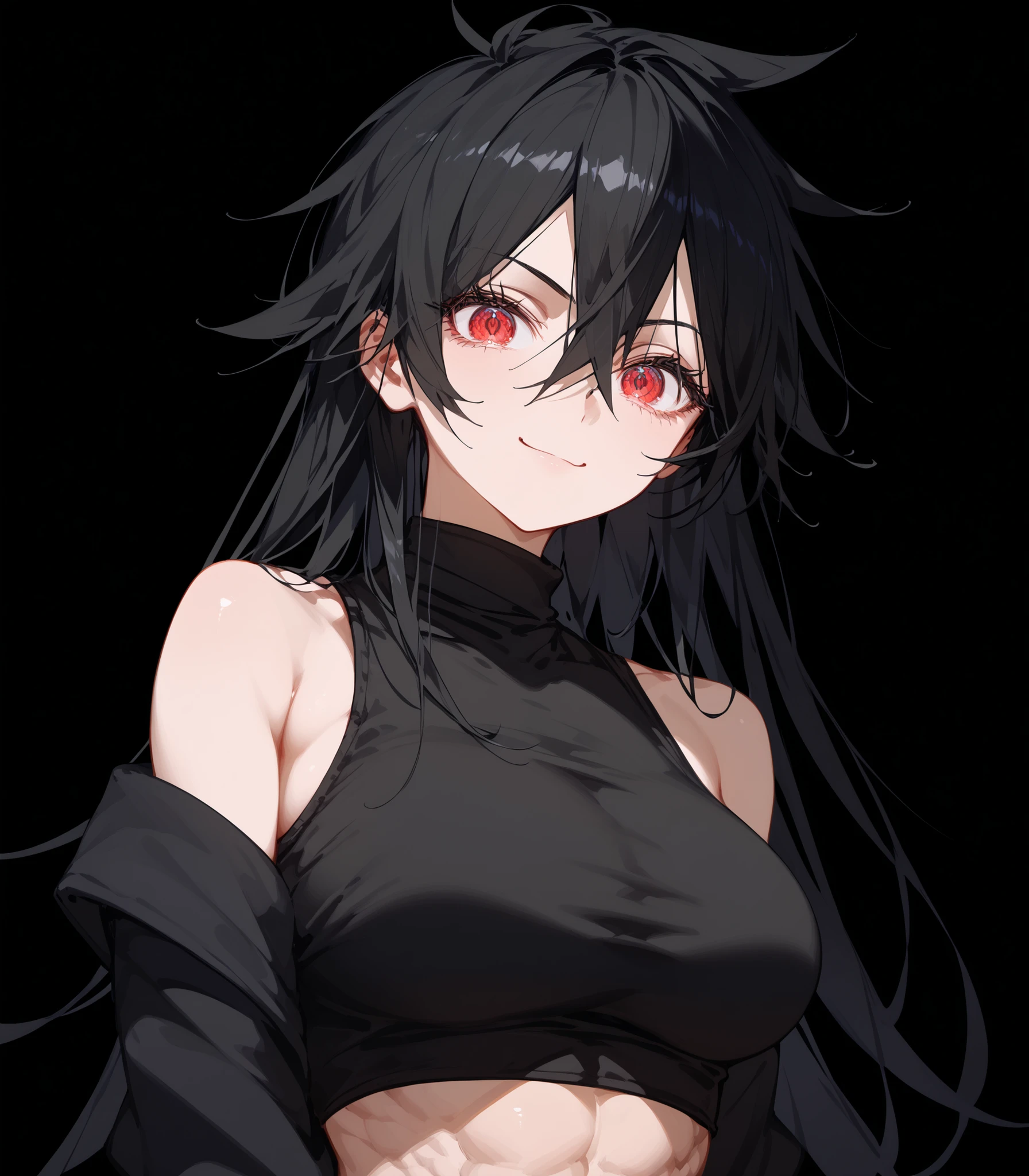 1 person,girl,ผมสีดำ, Black hair,in red eyes,big-breasted dress,, Tomboy,slim,good figure,long hair,black background,,Anime,Pointed eyes ,,upper body shape, tank top,Confused,good figure,cute, Six-pack,Abs,Long Sleeve Shirt,smile,Sweatshirt, turtleneck ,