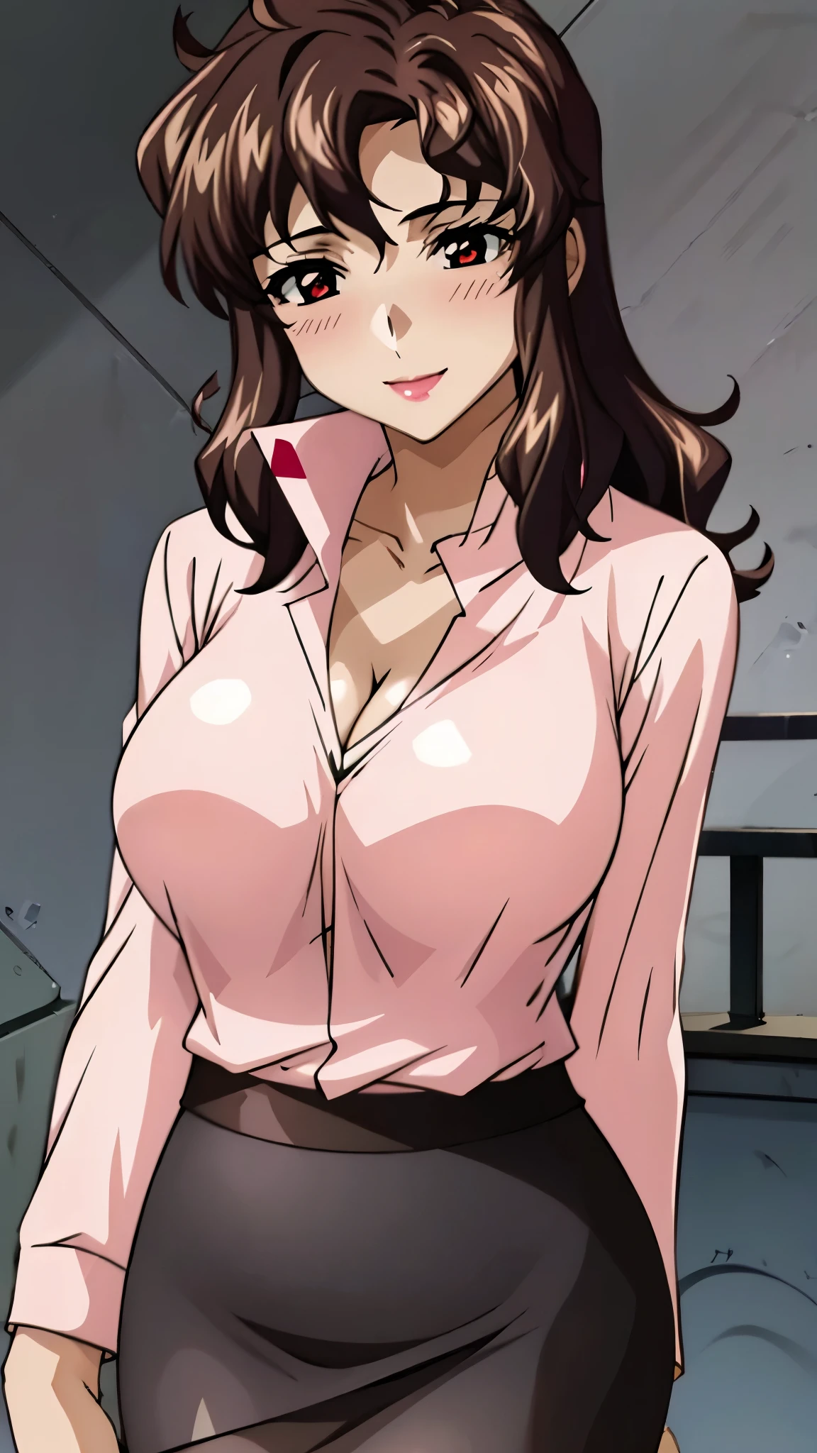 (SUPER QUALITY,super high resolution,16k,super masterpiece, ,detailed shading and background,)sexy mature woman,long brown hair,Pink shirt with a large collar and straight sleeves,red pencil skirt,cleavage,necklace,Big Breasts,blush,with a maternal smile,Glossy, thick lips,evening living room,