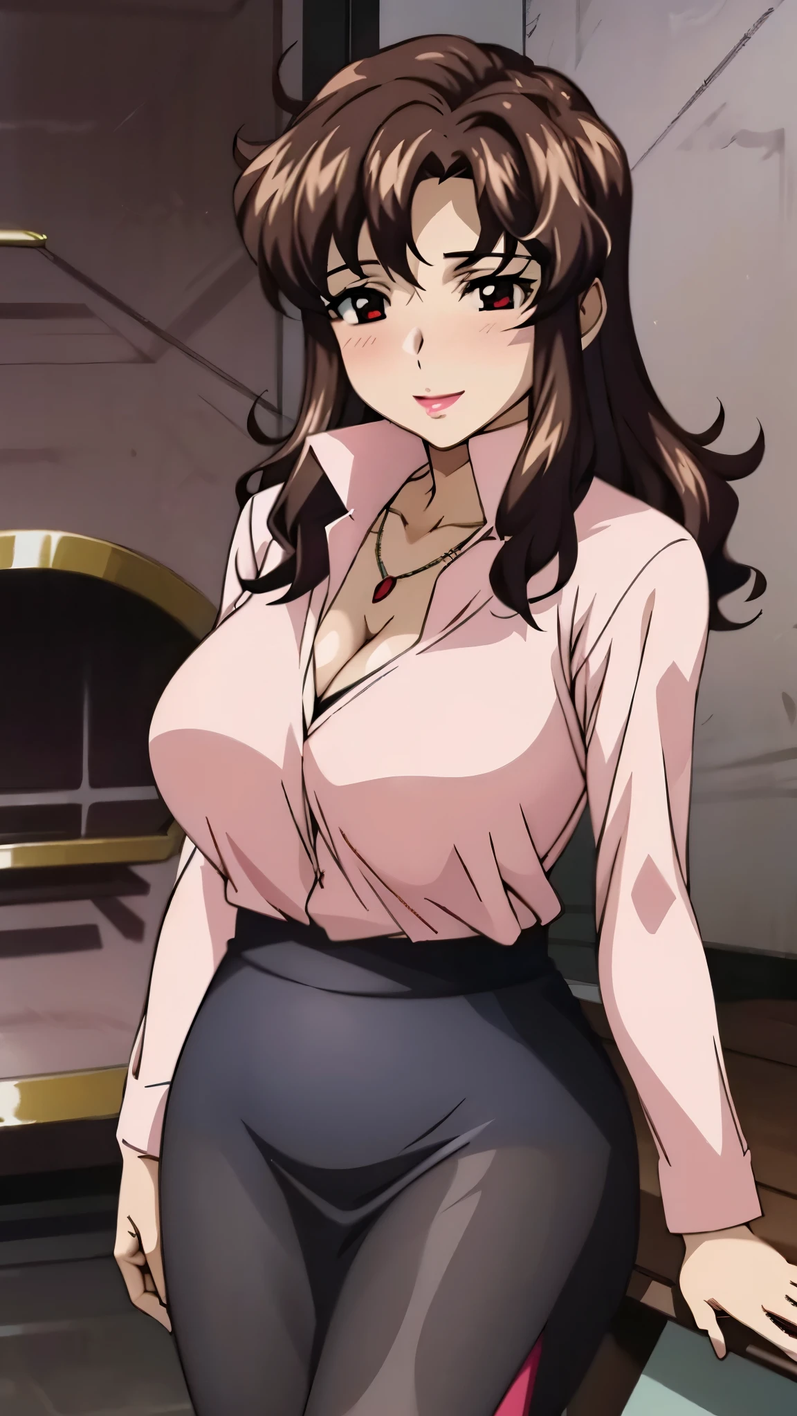 ((super high quality,Ultra-high resolution,16K,super masterpiece,Ultra HD ,Detailed shading,))A hilltop illuminated by the setting sun,One sexy mature woman,((Sexy pink dress shirt,popped Tight collar,))Folded long sleeves,Red pencil skirt,Looking at the camera,Brown medium long hair,Violently messy hair,happy,blush,Thick lips,