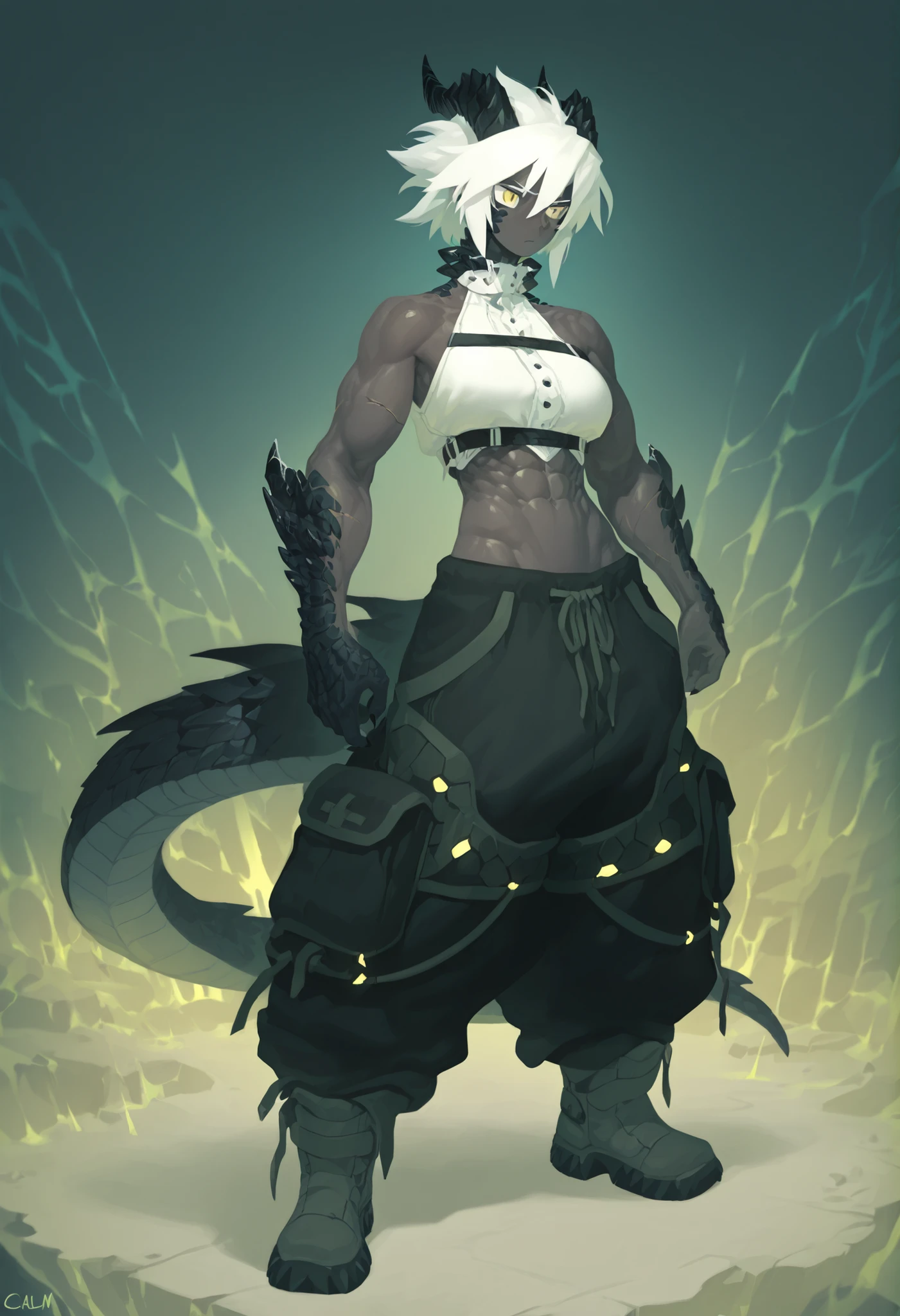 muscular female creature, solo, dark horns, yellow eyes, short spiky white hair, short hair, (wearing baggy pants:1.3), dark scales, dark pants, maid jacket, military boots, scales on arms and legs, scales on neck, calm pose, athletic, dark skin tone, BREAK background is simple and muted, with a gradient effect and soft, neutral tones.