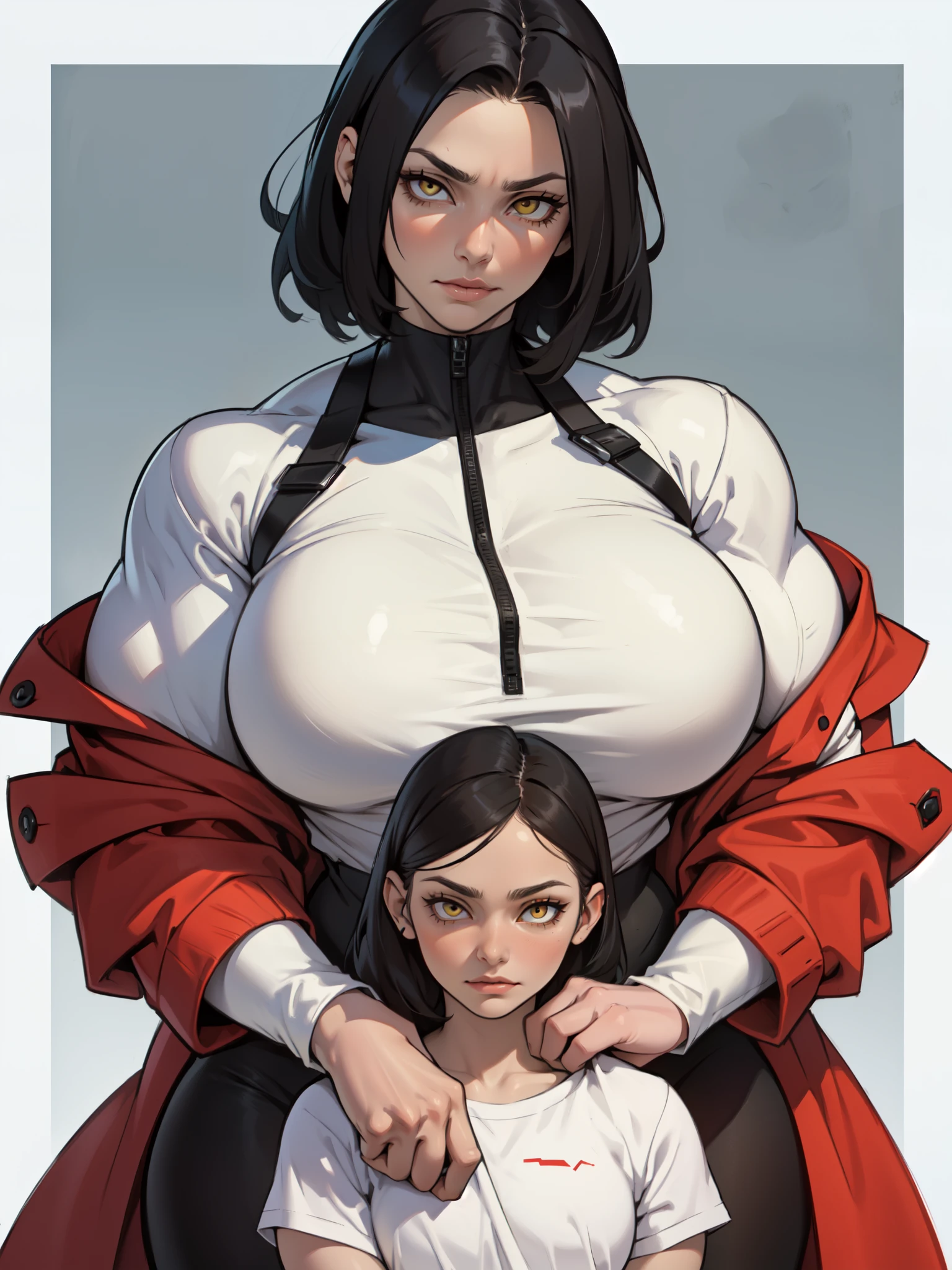 muscular yellow eyes pale skin girl sad cleavage blushing frown sweaty big breasts black hair perfect quality
