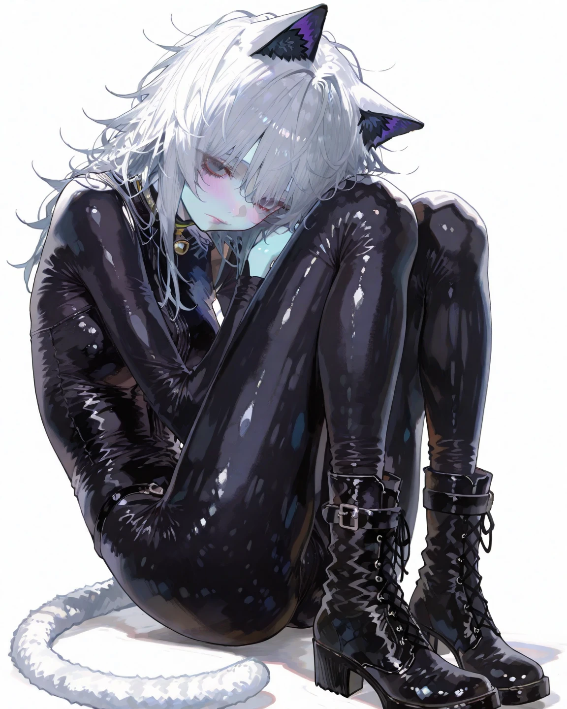 (4K,masterpiece:1.2),super detailed,A male white cat wearing a diaper,collar,red pupils,cat ears,cat nose,Soaked in black translucent slime,into the slime,The thighs are covered with black translucent mucus,black translucent slime,Black slime wraps around body,sitting