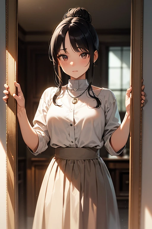 ((Biologically correct limb count))、(( whole body including face))、4K、Masterpiece、((Focus on the face))、((Symmetrical, well-proportioned facial features))、Eyes with delicate depictions、(((1 person)))、Beautiful woman、Outstanding style、Slender Body、(High heels with anklets)、(((Haori、White shirt、Hakama)))、(((White frame photo)))、((Looking up))、(((Iaido stance)))、Low - Angle、(Shy)、Upper body close-up、