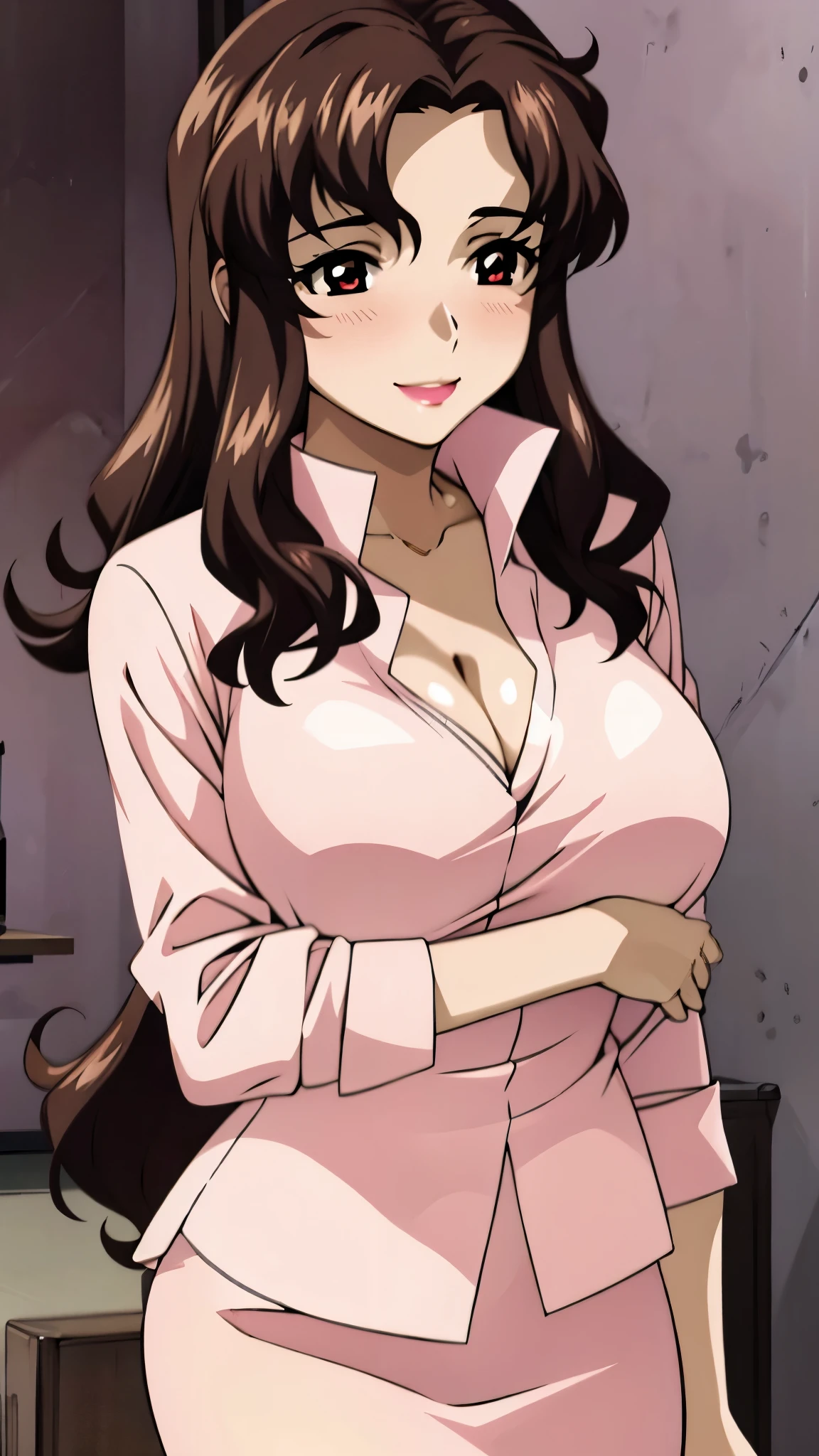 absurdres, high res, ultrasharp, 8K, masterpiece, 1girl, long hair, sensual look, sultry smile, dark brown hair, curvy huge breasts, glasses, secretary outfit, big , sleeveless buttoned-up pink blouse, formal look, beige
Long skirt, see through, no sleeves or cuffs on pink blouse, standing up straight