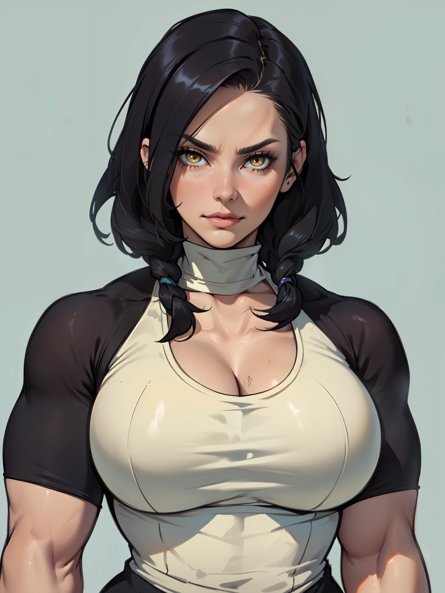 massive hair black hair yellow eyes pale skin large breasts muscular girl sad girl