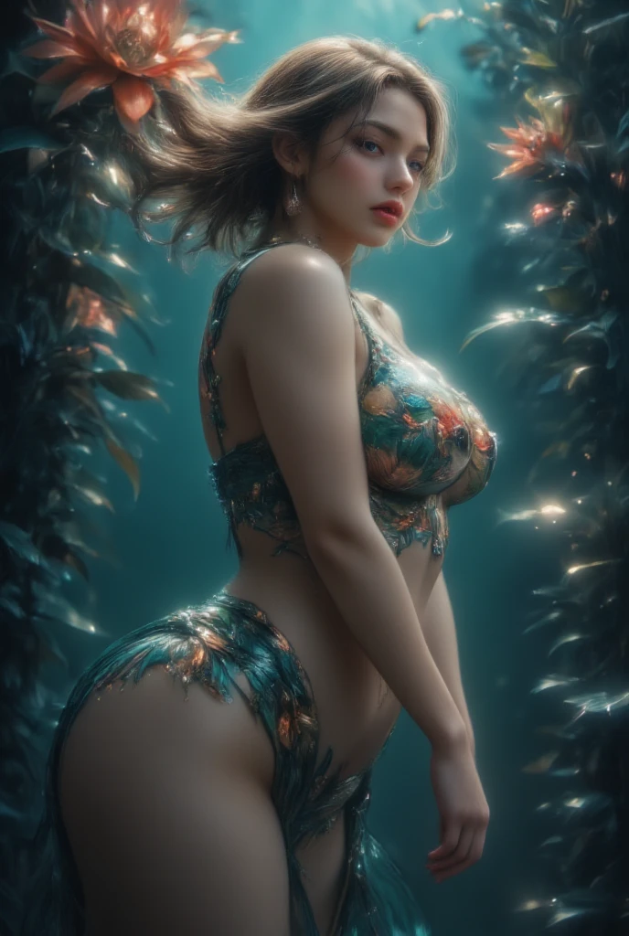 Best picture quality,tmasterpiece,A woman who is,see-through transparent clothes,Perfectly proportioned body,Exquisite facial features,Hyper-realistic,Diving in the water,Schools of fish around