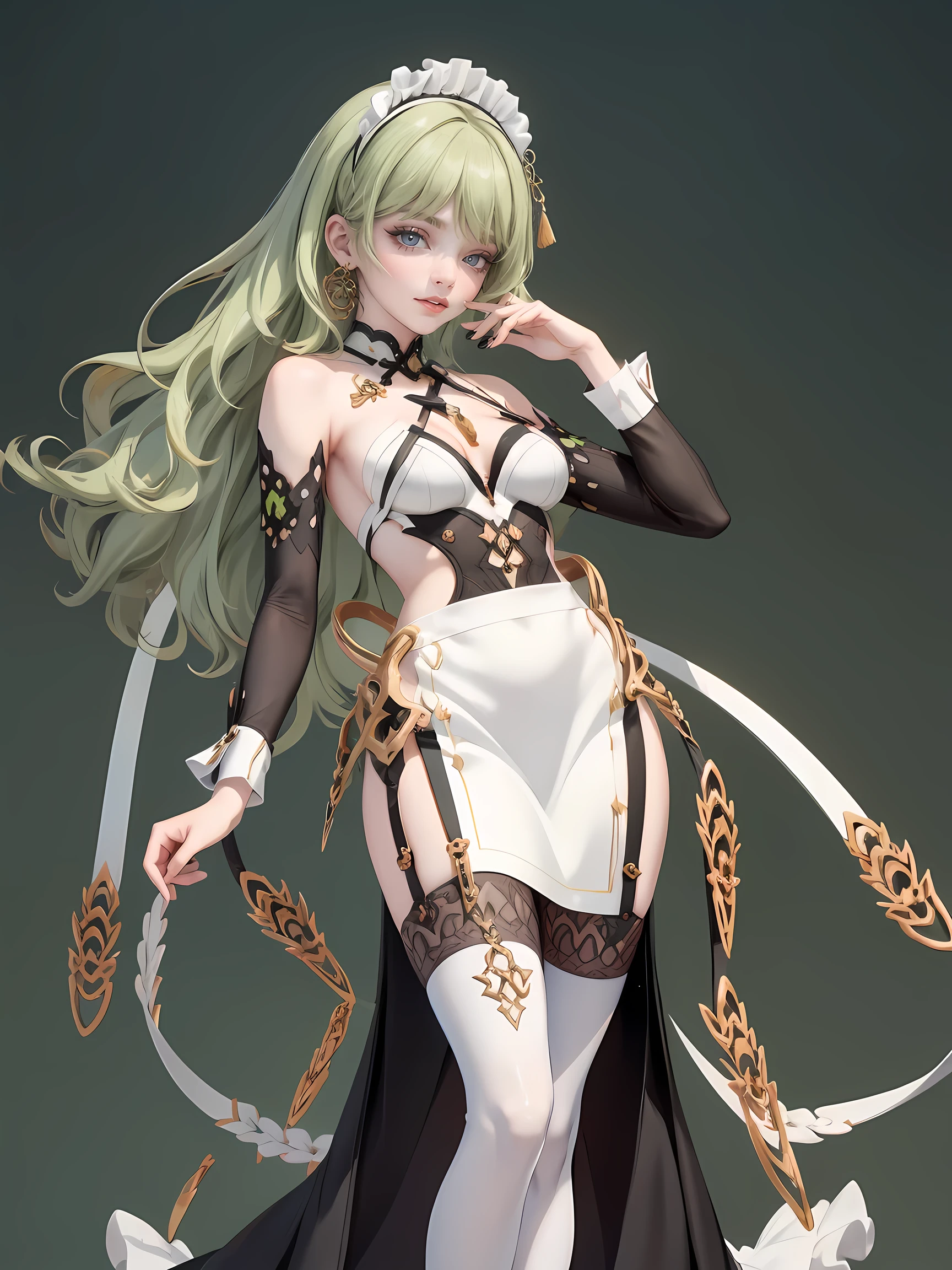 1girl, green hair, harness, black dress, chinese maid design, solo, white roses, symmetrical gloves, high socks, puffed socks, harness, tassel, chinese maid dress, v neckline, garter on the legs, standing up, white apron, maid dress, chinese maid, chinese aesthetic, thigh gap, harness, white roses on her hair, solid background, chinese maid uniform, puffed sleeves, too many frills in her dress, magical girl, perfect anatomy, gold jewelry, harness, Cute pose, beautiful hairstyles with white roses, tassel, glow eyes, long hair with long waves and white roses, high thigh, frills, harness, chinese maid uniform, chinese maid dress, white apron, garter on the legs, gold jewelry, solid background, standing up, blushing, maid headdress, chinese maid dress with too many frills, Chinese aesthetic, puffed skirt, harness, centered girls, full body, glowing hair, magical girl, more details on her clothes, golden details on her dress, harness, tassel