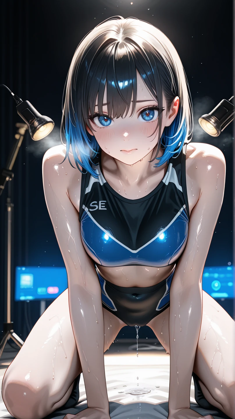 nsfw,(super fine illustration,8K CG wallpaper,best quality,extremely detailed,ultra high res,best aesthetic),(cowboy shot,from front),idolmaster, {{{haruna Kamijo}}}, (20yo, beautiful girl), (beautiful brown eyes),((((beautiful black hair)))), ((short hair)), (((bule rim glasses))), (wet hair), (wet skin), ((sweat)), ((steam)), (flat chests,midium breasts), (tall), (slender), (((bule cyber suit))), ((((see-through))),((open clothes)), ((pubic black hair:1.5)), (((monitor room))), ((((spread legs)))),((spread pussy:1.5)),(open mouths), (a big smile), ((stick out tongue)),(feel good), (one eye closed),((behind the arms)),((((headset)))),(bukkake, cum on body:1.5),(bukkake, cum on face:1.1),((bukkake, cum on hair:1.2),(ecstacy),((((sex,cowgirl,pov)))),((cum shot)),