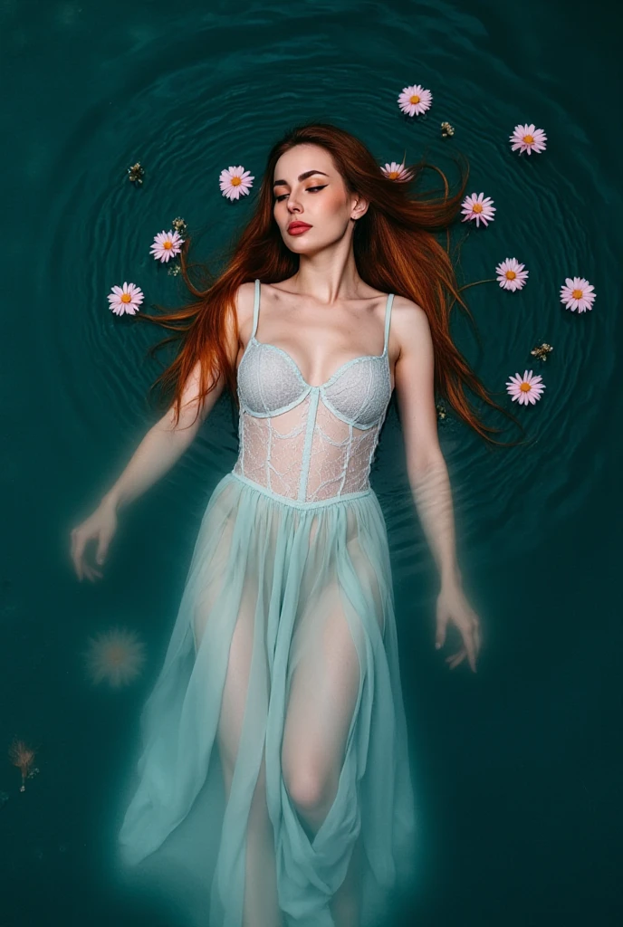Female pervert,Meditation sitting,Partial underwater photography,BestWorks,Floral pattern sheer dress:1.4,String Camisole Dress:1.5
