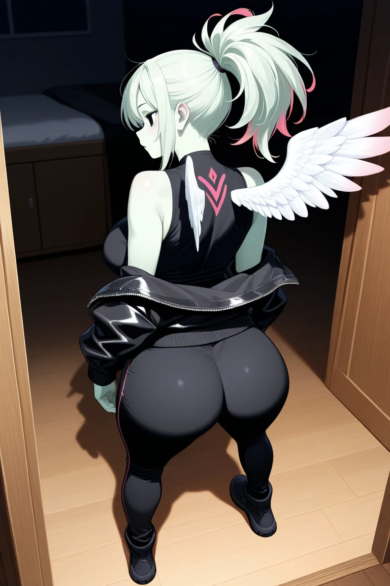 (Yorha Type 2B) no blindfold, front door, short hair, ), big booty, looking at the viewer, erotic pose, laying on the bed, sexy big ass, laying on stomach, turned around, lying on the bed, back, ass up, back bird eye view, best quality, ultra-detailed, 1girl, open_mouth, big_breasts, sexy pose,