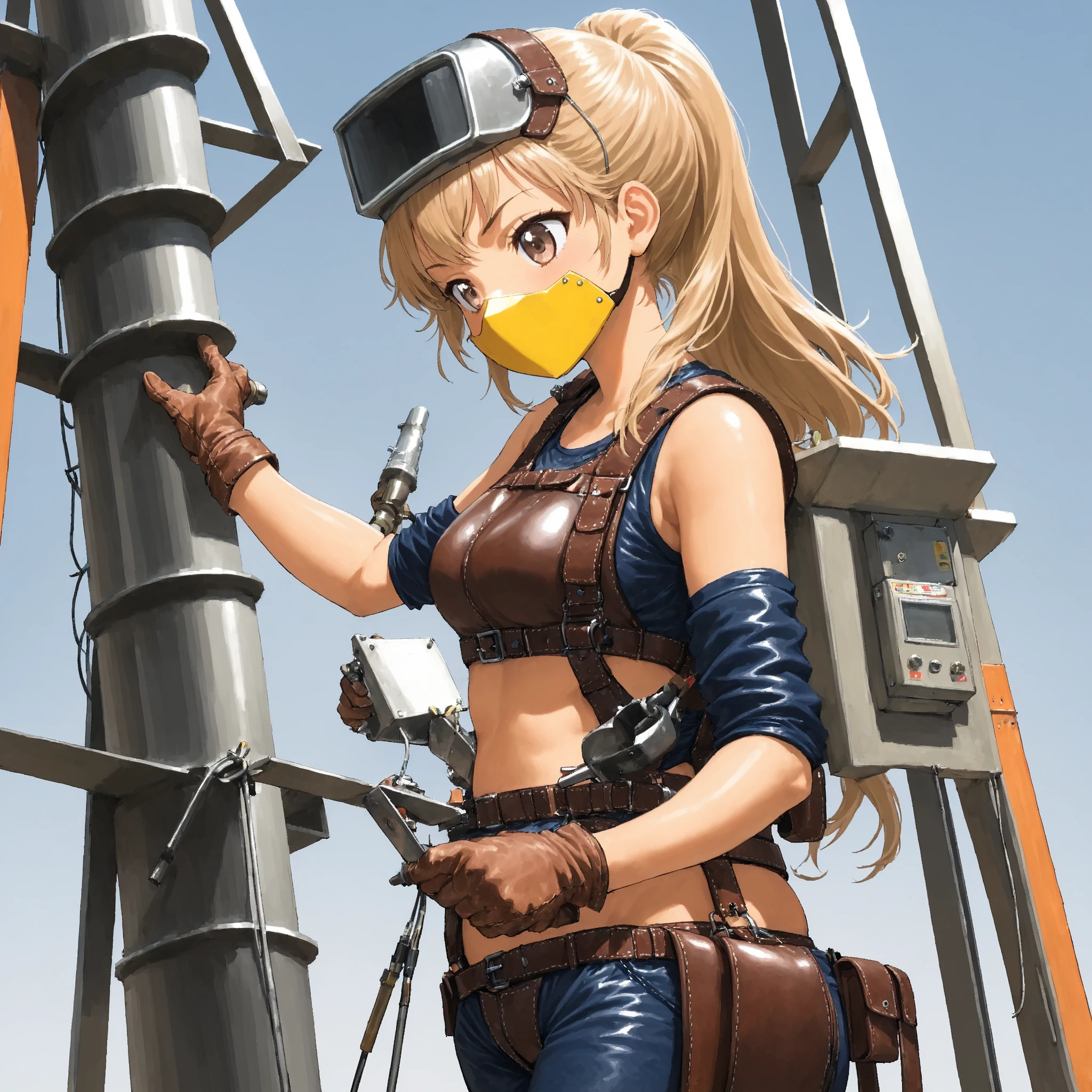 A girl welding at the top of a steel tower, a skilled welder, a TIG welder, a welding surface on hand, a slim leather toolbelt + a slim leather full harness 、kogyaru