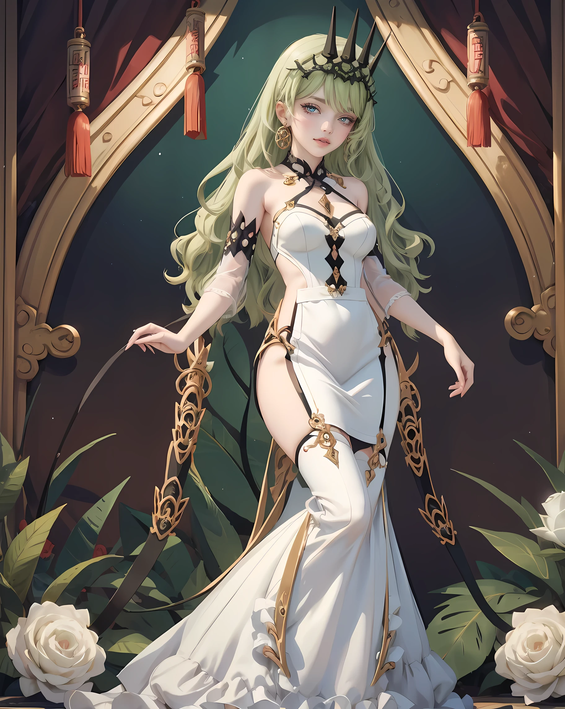 high quality, 8k quality, ultra detail, 1girl, Makeup, highest quality, long blonde straight hair, emerald green eyes, high heel sandals, white dress, standing pose, full body shot, bare legs