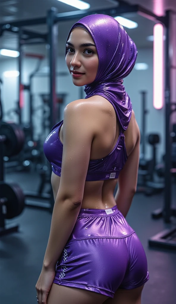 8k, solo, lady in hijab, sweating hot, supermodel, shiny light violet clothes, shorts, workout body, lifting at gym, sexy body, C cup, pale skin, blushing, shot from side