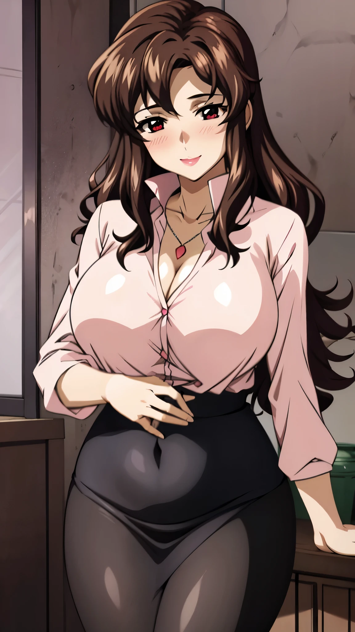(SUPER QUALITY,super high resolution,16k,super masterpiece, ,detailed shading and background,)sexy mature woman,long brown hair,Pink shirt with a large collar and straight sleeves,red pencil skirt,cleavage,necklace,Big Breasts,blush,with a maternal smile,Glossy, thick lips,evening living room,