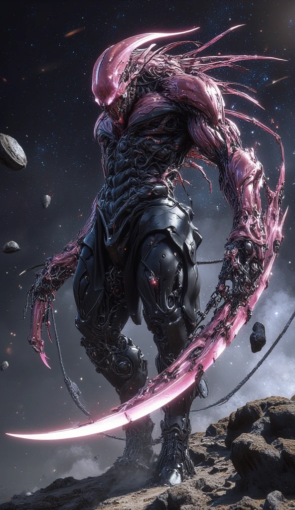 ultra detailed, absolutely resolution, masterpiece, giant humanoid alien from another planet, iridescent pink skin, beautiful form, aggressive and ferocious, flying at incredible speed, sticky, viscous substance, galaxy, scattered meteorites, highly detailed, sharp focus and contrast, extremely clear image, 2.5D, artistic photography, hyper realistic, effects magic, shading effects magic, lighting effects magic