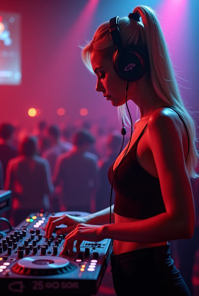 dj at the club in the background of the photo women beautiful brunette blonde and redhead