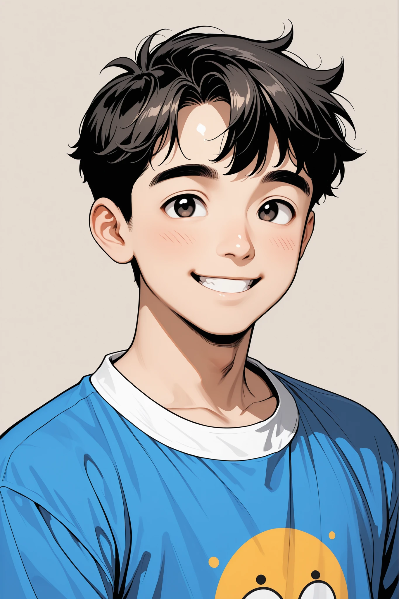 high quality, background, smile, chubby Korean elementary school boy, blue shirt, portrait, Bust shot